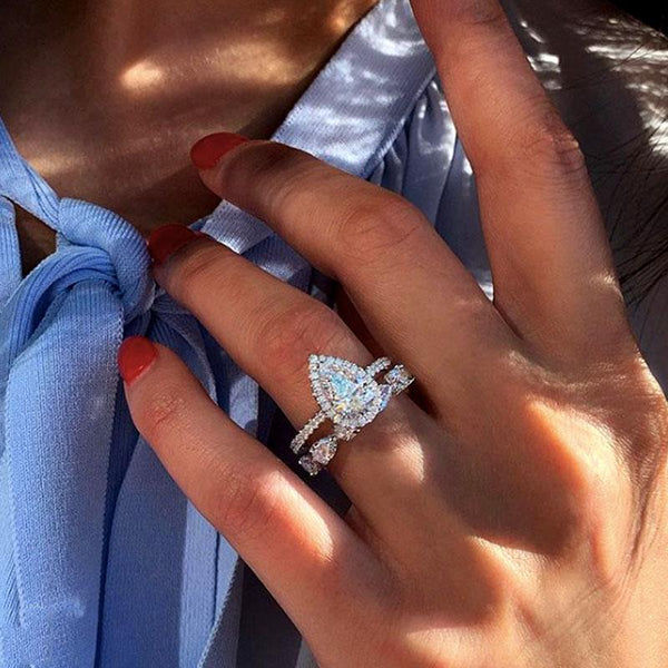 Halo Pear Cut Wedding Band & Pear Cut Engagement Ring