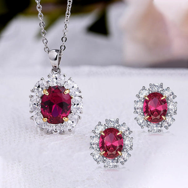 Gorgeous Ruby Oval Cut Halo 2PC Jewelry Set in Sterling Silver