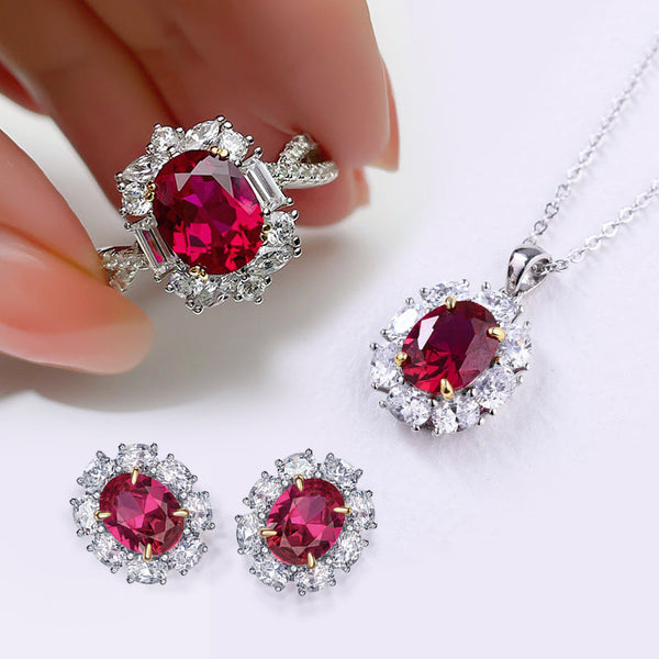 Vintage Ruby Oval Cut Halo 3PC Jewelry Set in Sterling Silver