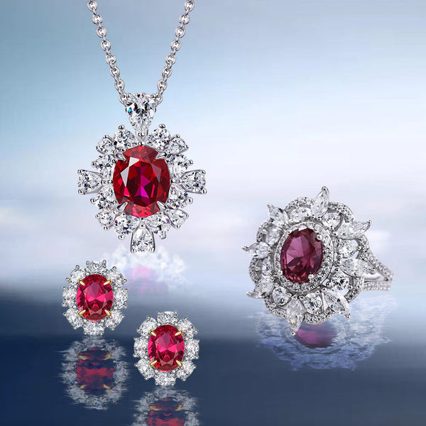 Exclusive Ruby Oval Cut Halo 3PC Jewelry Set in Sterling Silver