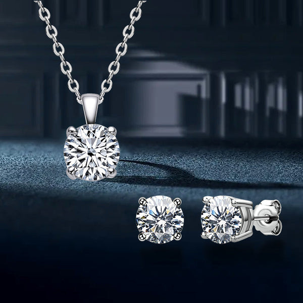 Classic White Gold Moissanite Round Cut  2PC Jewelry Set in Sterling Silver
