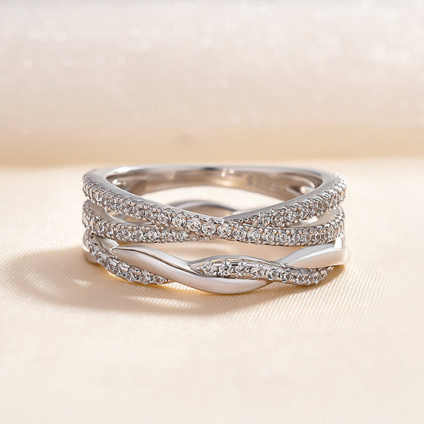2PC Twist Wedding Band Set with X Criss Cross in Sterling Silver