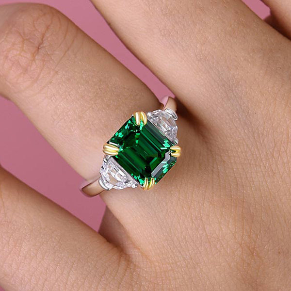 4.5 Carat Unique Emerald Green Three Stone Engagement Ring in Sterling Silver