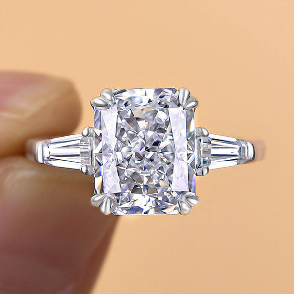 4.0 Carat Radiant Cut Three Stone Double Prongs Engagement Ring in Sterling Silver