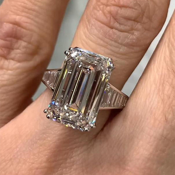 Glittering 7 Carat Emerald Cut Engagement Ring in Sterling Silver