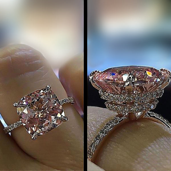 Lovely Peachy Pink Stone Cushion Cut Engagement Ring With Double Halo