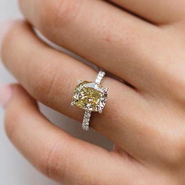 3.0 Carat Cushion Cut Yellow Gemstone Engagement Ring for Women in Sterling Silver