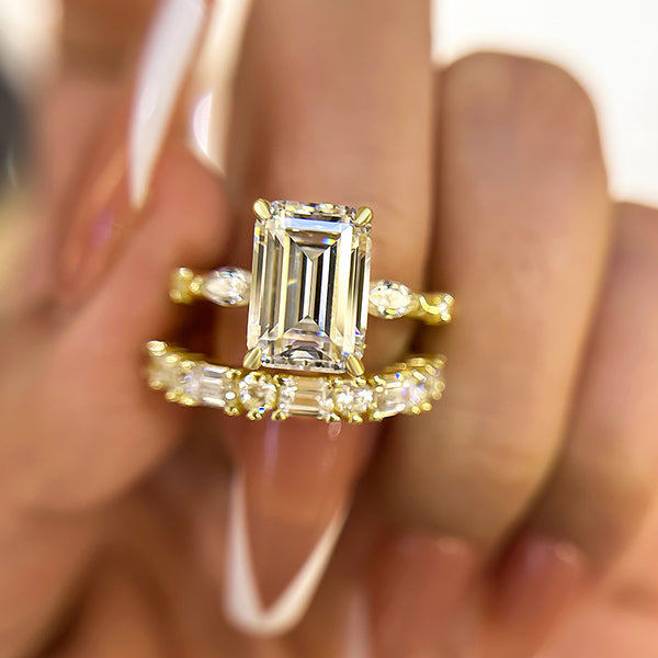 Exquisite Yellow Gold Emerald Cut Three Stone Wedding Set in Sterling Silver