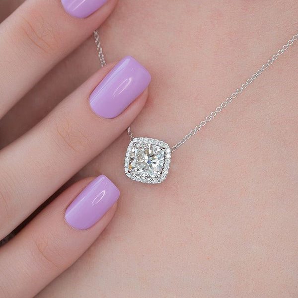 Elegant Halo Cushion Cut Pendant Necklace in Sterling Silver