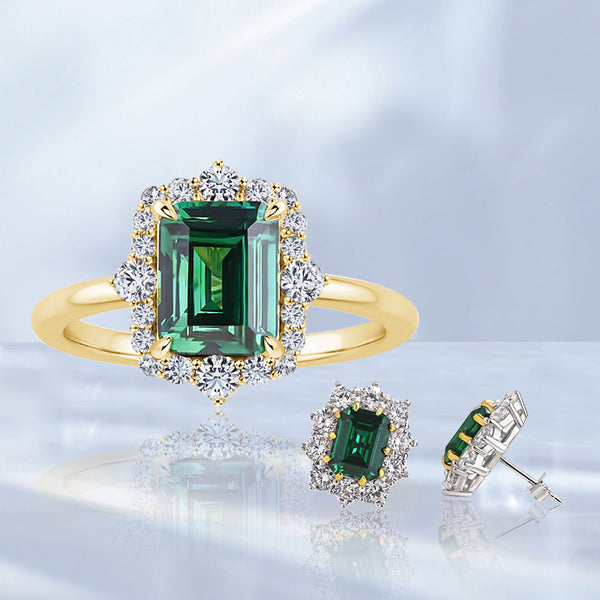 Gorgeous Halo Emerald Cut Emerald Green 2PC Jewelry Set in Sterling Silver