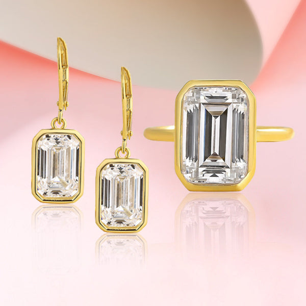 Desirable Yellow Gold Emerald Cut Bezel 2PC Jewelry Set in Sterling Silver