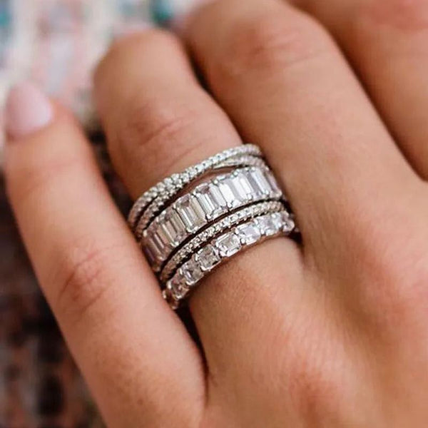 4PC Sparkle Stackable Wedding Band Set for Women in Sterling Silver