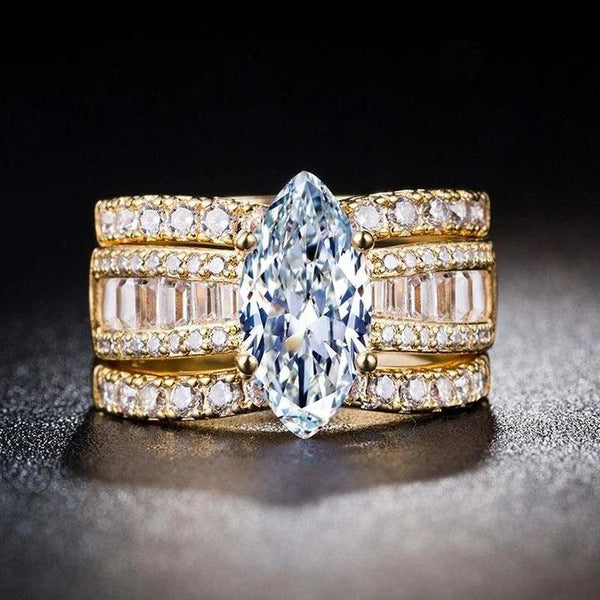 Vintage Marquise Cut Handmade Created Diamond 3PC Sterling Silver Wedding Set