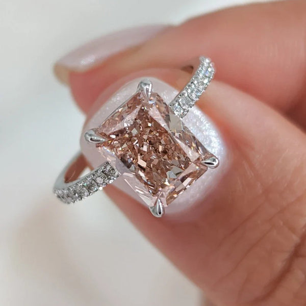 3.0 Carat Fancy Pink Radiant Cut Lab Grown Diamond Engagement Ring in Sterling Silver