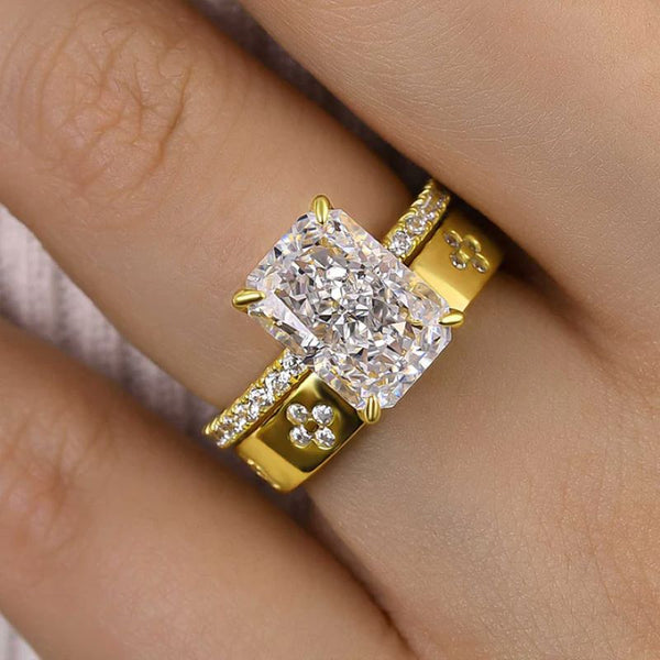 Timeless Yellow Gold Radiant Cut Wedding Set in Sterling Silver