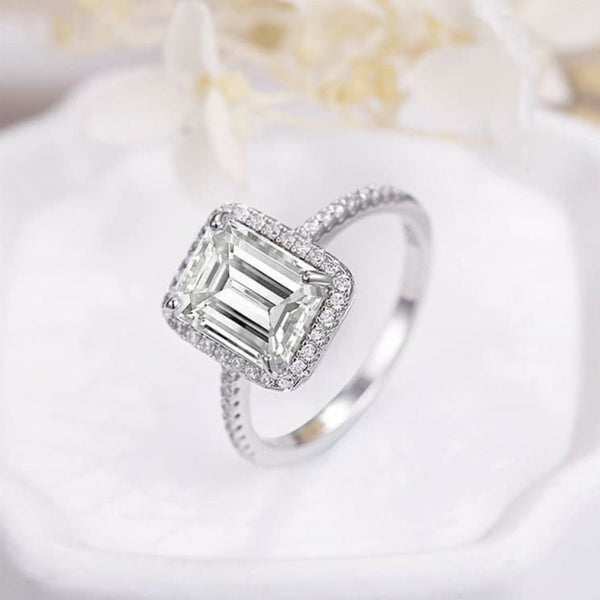 Gorgeous Moissanite Emerald Cut Halo Engagement Ring in Sterling Silver