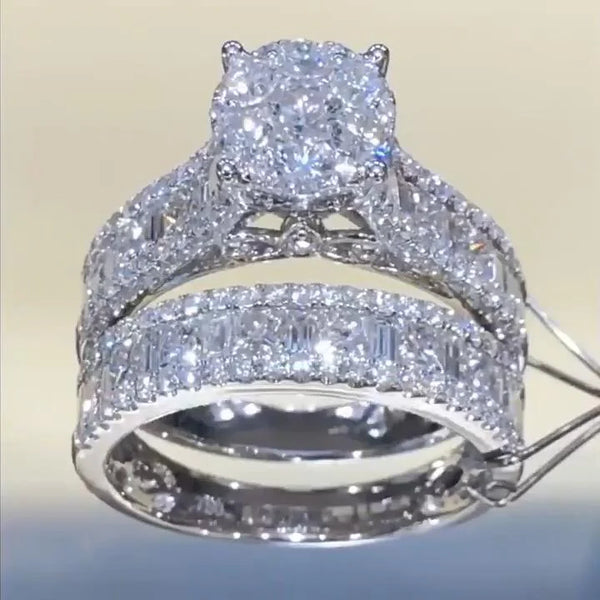 Timeless Handmade created 2PC Round Cut Diamond Sterling Silver Wedding Set