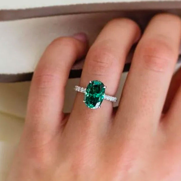 Gorgeous 3.5 Carat Oval Cut Emerald Green Engagement Ring
