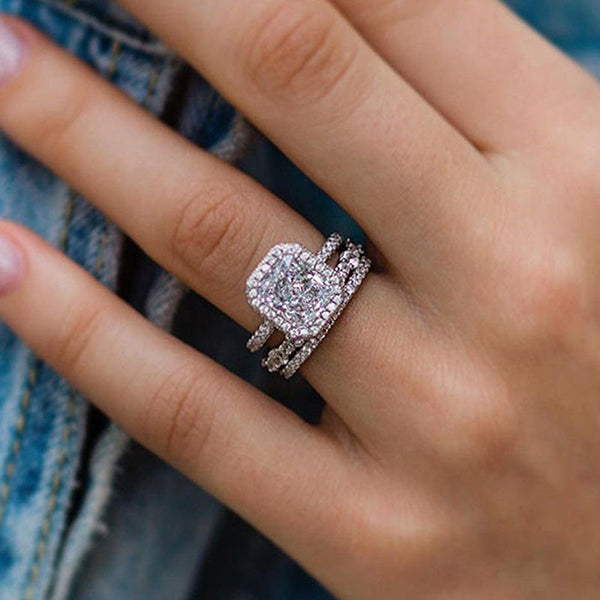 Unique Halo Radiant Cut 3PC Wedding Ring Set for Women in Sterling Silver