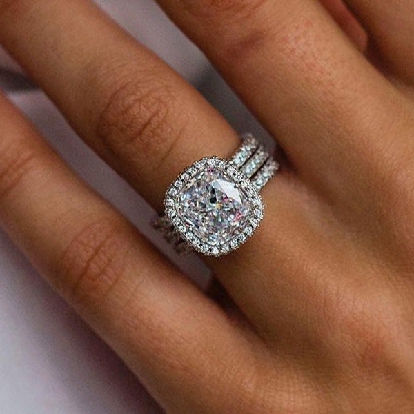 Elegant Halo Cushion Cut 3PC Wedding Set in Sterling Silver