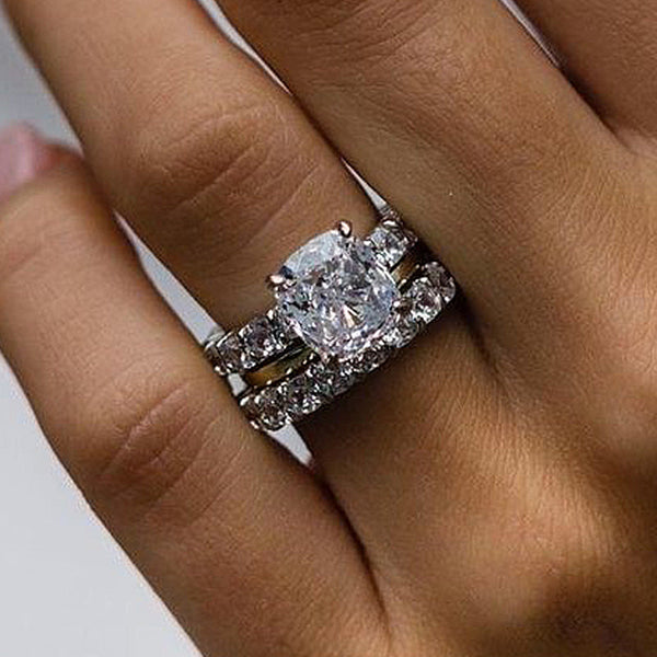 Excellent Cushion Cut 3PC Wedding Ring Set in Sterling Silver
