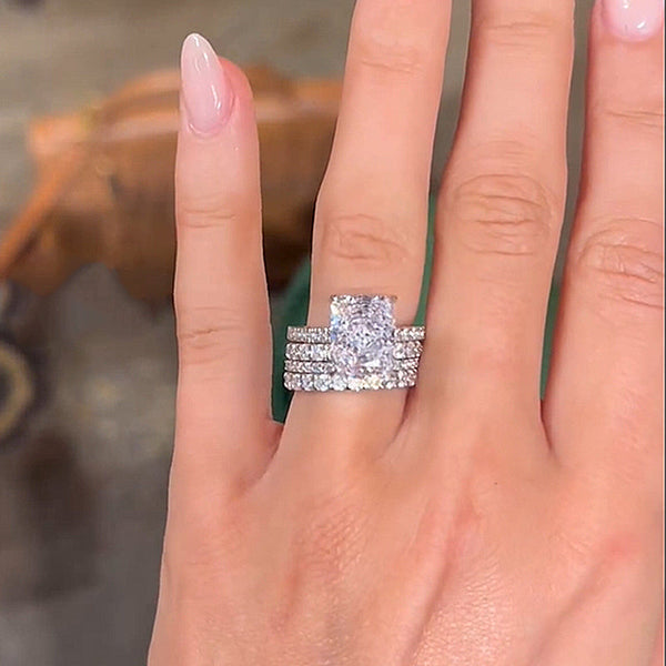 Honorable Crushed Ice Radiant Cut 4PC Wedding Ring Set in Sterling Silver