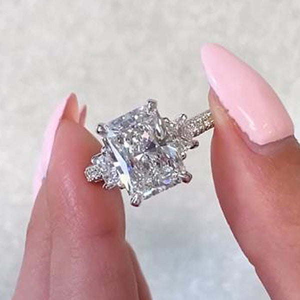 Gorgeous 5 Carat Radiant Cut Three Stone Engagement Ring in Sterling Silver