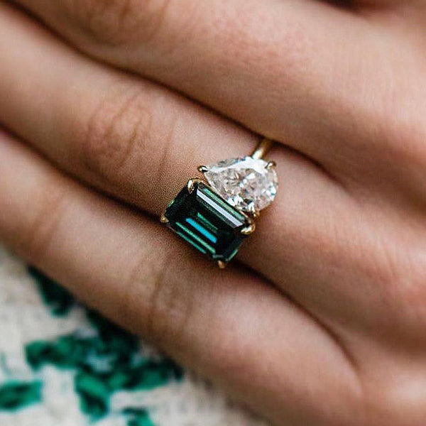 Excellent Double Stones Design Emerald & Pear Cut Engagement Ring in Sterling Silver