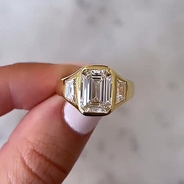 Classic Yellow Gold Three Stone Emerald Cut Bezel Engagement Ring
