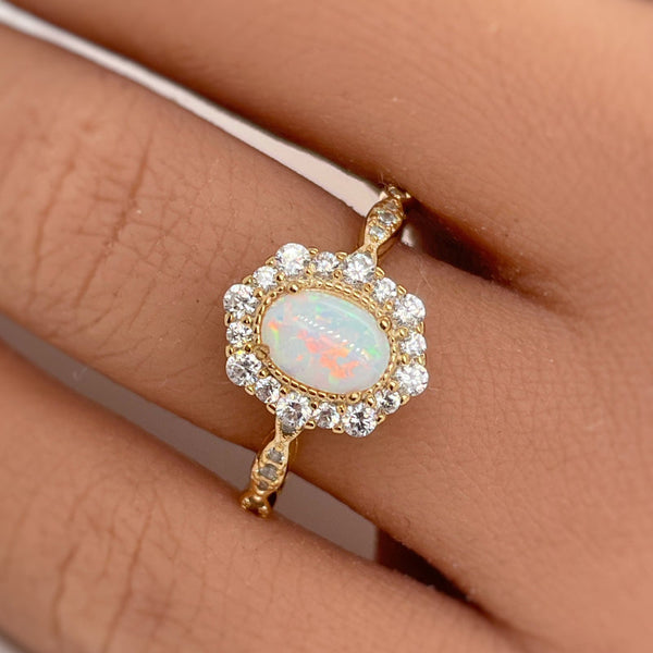 Unique Vintage Oval Cut Opal Stone Halo Women's Engagement Ring