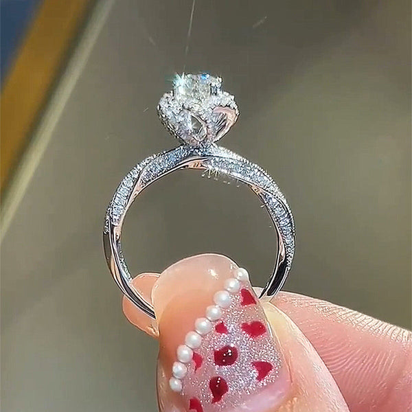 Unique Flower Design Moissanite Women's Engagement Ring in Sterling Silver