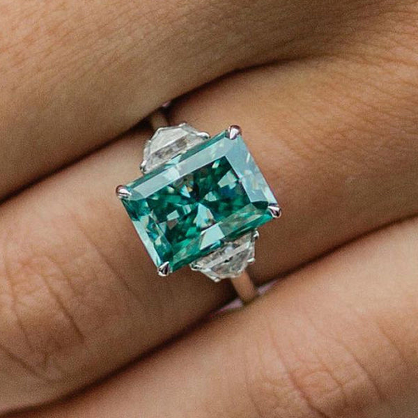Excellent 5 Carat Radiant Cut Paraiba Tourmaline Three Stone Engagement Ring