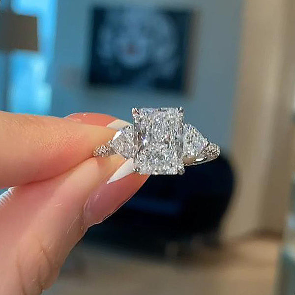 Precious Radiant Cut & Heart Cut Three Stone Engagement Ring in Sterling Silver