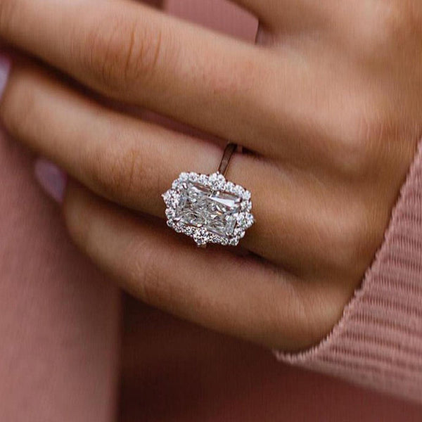 Excellent Halo Radiant Cut Simulated Diamond Engagement Ring in Sterling Silver