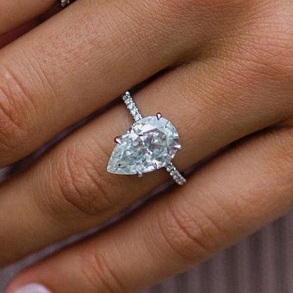 Exclusive Pear Cut Lab Diamond Engagement Ring in Sterling Silver