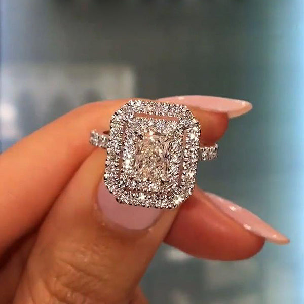 Noble Double Halo Radiant Cut Simulated Diamond Engagement Ring in Sterling Silver