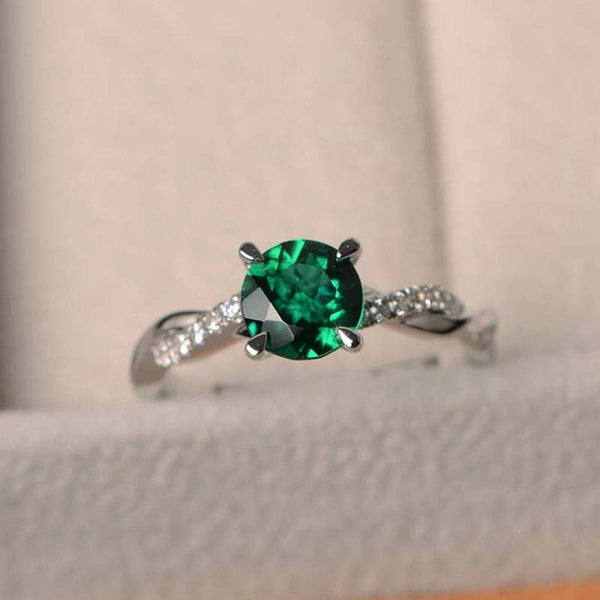 Twist Emerald Round Cut Engagement Ring in Sterling Silver