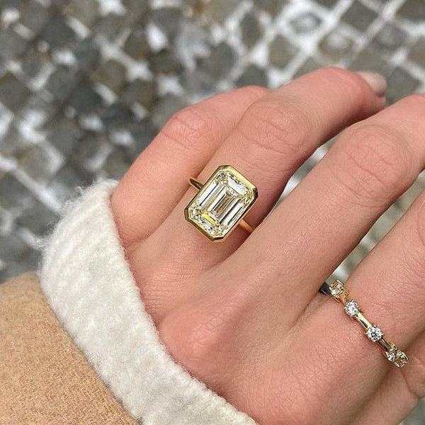 5.5 Carat Elegant Yellow Gold Emerald Cut Engagement Ring in Sterling Silver