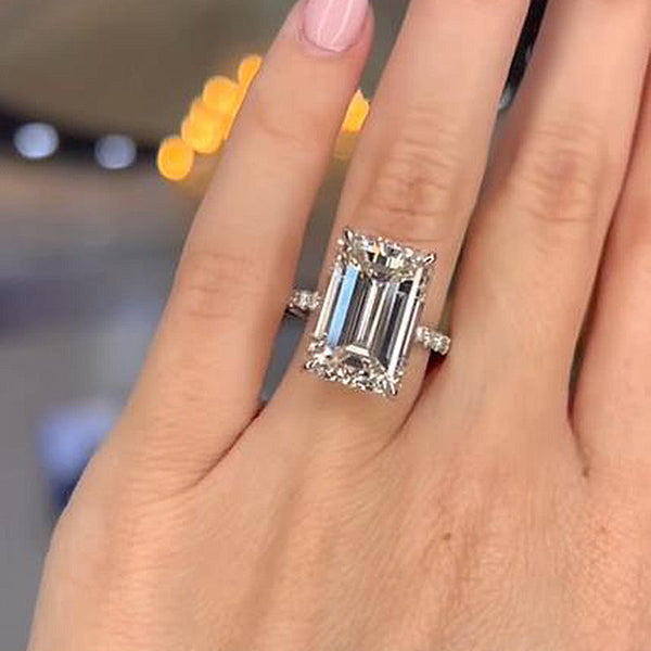 Unique 7.5 Carat Emerald Cut Engagement Ring in Sterling Silver