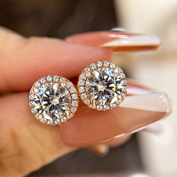 【#30】Elegant Halo Rose Gold Round Cut Women's Stud Earrings