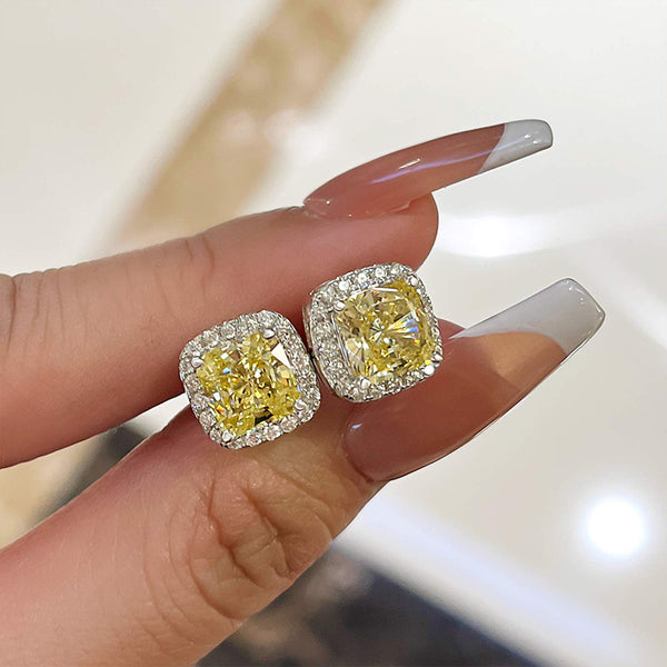 Elegant 4.0 Carat Yellow Sapphire Halo Princess Cut Sterling Silver Women's Stud Earrings
