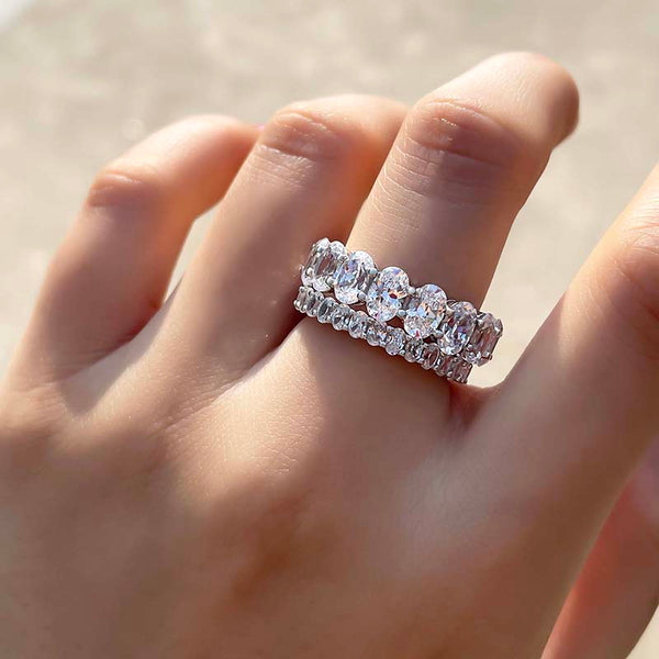 Eternity Pave Oval Cut Stackable Wedding Band Set in Sterling Silver