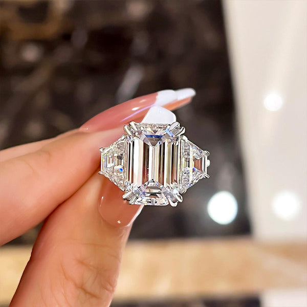 Outstanding Emerald Cut Three Stone Double Prongs Engagement Ring in Sterling Silver