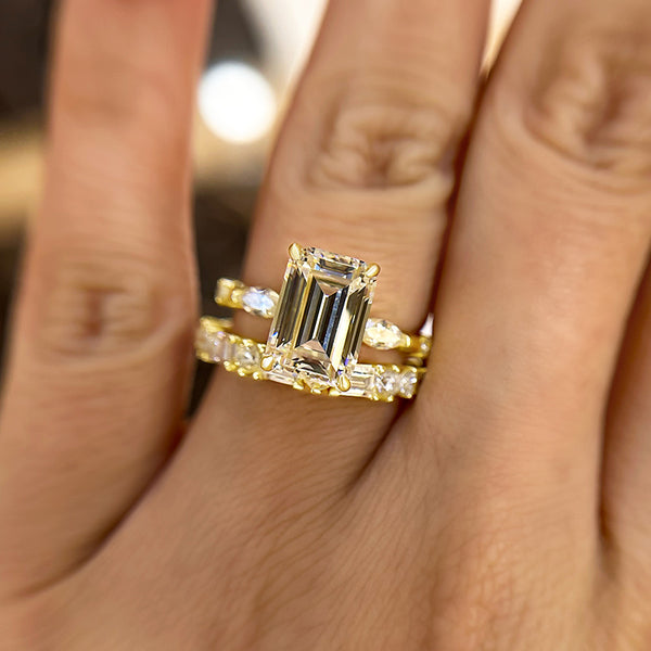 Exquisite Yellow Gold Emerald Cut Three Stone Wedding Set in Sterling Silver