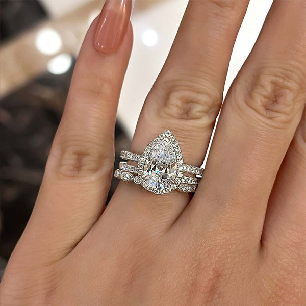 Excellent Halo Pear Cut 3PC Wedding Ring Set Created in Sterling Silver