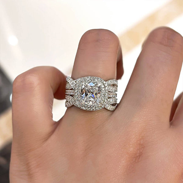 Vintage Double Halo Cushion Cut Insert Wedding Ring Set for Women in Sterling Silver