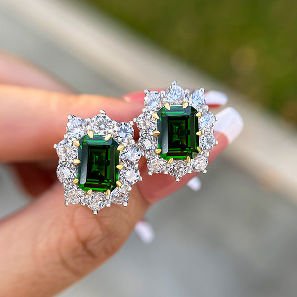 Vintage Flower Design Emerald Cut Emerald Green Earrings in Sterling Silver