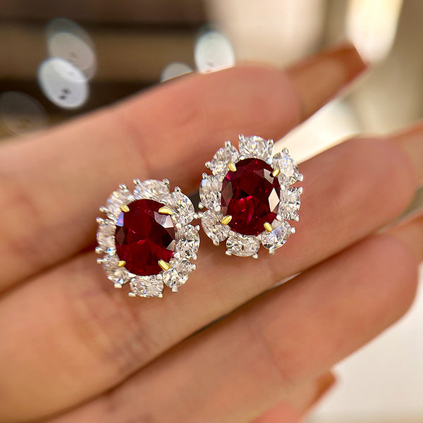 Luxuriant Halo 1.8 Carat Ruby Oval Cut Women's Drop Earrings in Sterling Silver