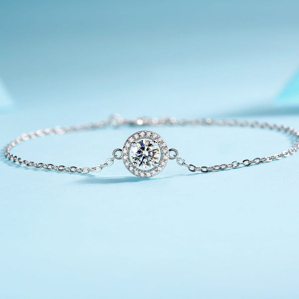 Romantic Moissanite Halo Round Cut Bracelet in Sterling Silver