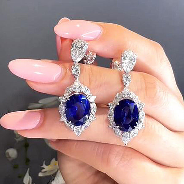 Luxurious Halo Oval Cut Blue Sapphire Women's Earrings in Sterling Silver